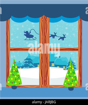 Paesaggio invernale con le renne, case e Santa Foto Stock