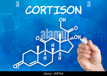 Mano zeichnet chemische Strukturformel von Cortison Foto Stock