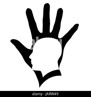 Illustrazione della testa bianca silhouette in mano nera. Foto Stock