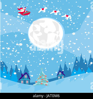Paesaggio invernale con le renne, case e Santa Foto Stock