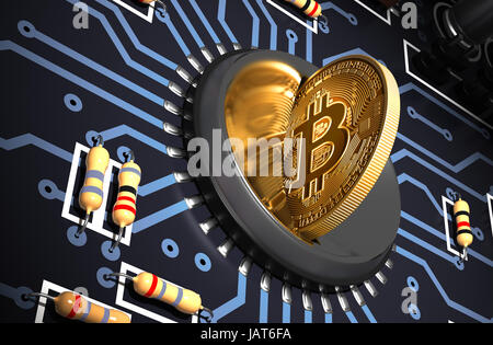 Mettere Bitcoin in Coin Slot sulla scheda madre e creazione di forma di cuore con la riflessione. 3D'illustrazione. Foto Stock