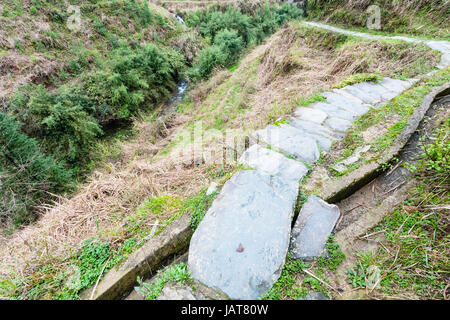 Viaggio in Cina - percorso bagnato e il Fosso di Irrigazione sul pendio della collina vicino Dazhai villaggio nella zona di Longsheng terrazze di riso (Dragon's Backbone terrazza, Foto Stock