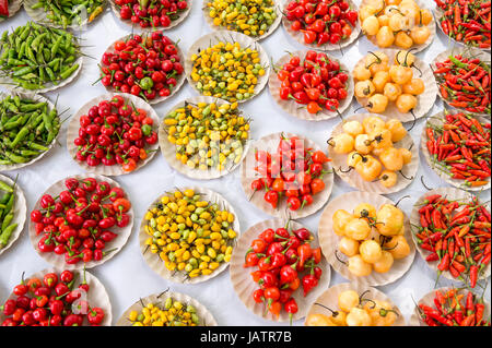 Colorato peperoncini in rosso, giallo e verde pile al mercato degli agricoltori display in Rio de Janeiro, Brasile Foto Stock