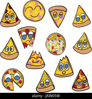 Disegnata a mano Pizza e fette con Volti Illustrazione Vettoriale