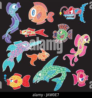 Disegnata a mano pesci multicolori vita marina Illustrazione Vettoriale