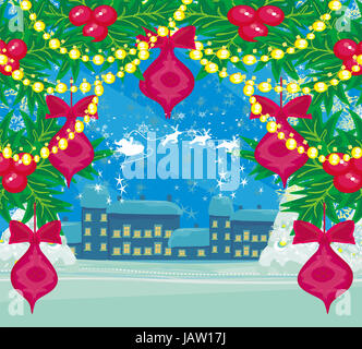 Paesaggio invernale con le renne, case e Santa Foto Stock