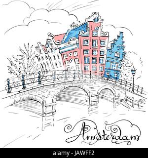 Vista del vettore del canale di Amsterdam e ponte Illustrazione Vettoriale