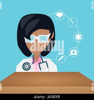 Medico con stetoscopio e icone di medico Illustrazione Vettoriale