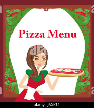 Sorridente cameriera che serve pizza , scheda del menu Foto Stock