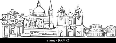 La Valletta, Malta, Panorama Sketch, Monocromatico paesaggio urbano vettore Artprint Illustrazione Vettoriale