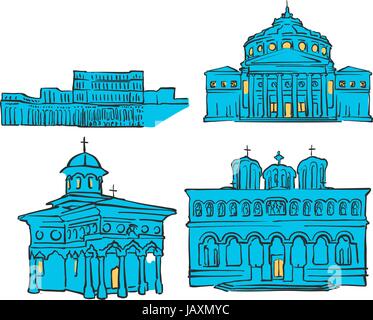 Bucarest, Romania, colorato di punti di riferimento, Scalable Vector monumenti. Riempito con forma blu e giallo evidenzia. Illustrazione Vettoriale