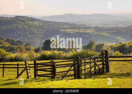 Guardando oltre la bellissima campagna di laminazione del Worcestershire al tramonto, Inghilterra. Foto Stock