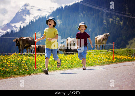 Dei bambini felici a piedi su un percorso rurale nelle Alpi svizzere, primavera, vacche nel campo Foto Stock