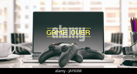 Game over sul computer - Giochi Video controller in un ufficio. 3d illustrazione Foto Stock