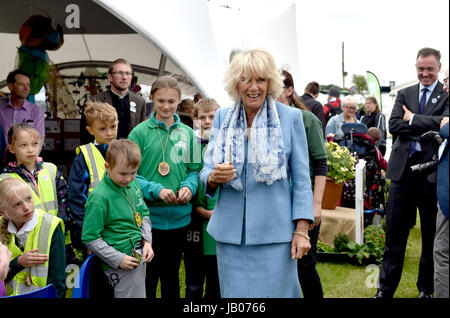 Southampton Sussex, Regno Unito. 8 Giugno, 2017. Camilla Duchessa di Cornovaglia Bolnore incontra gli allievi della scuola primaria a sud dell'Inghilterra Show tenutosi a Southampton Showground nel Sussex . Il sud dell'Inghilterra Società Agricola celebra il suo cinquantesimo anniversario di quest'anno mostrando i migliori di agricoltura, orticoltura e la campagna nel sud dell'Inghilterra. Credito: Simon Dack/Alamy Live News Foto Stock