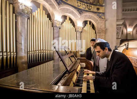 Buenos Aires, Argentina. 8 Giugno, 2017. Un organista suona su un organo a canne alla sinagoga 'Templo Libertad' in Buenos Aires, Argentina, 8 giugno 2017. L'organo è stato restaurato con aiuti finanziari provenienti dalla Germania. Merkel è residente in Argentina in preparazione del vertice del G20. Foto: Michael Kappeler/dpa/Alamy Live News Foto Stock