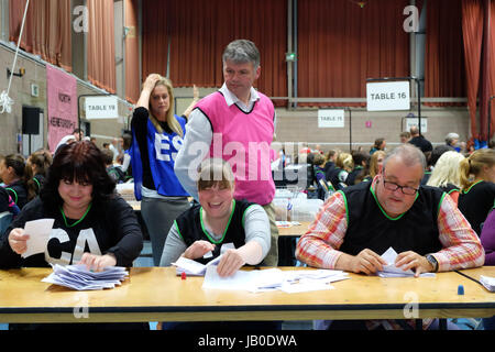 Hereford, Herefordshire, UK. 8 Giugno, 2017. Lo staff di conteggio inizia il processo di conteggio del numero di scrutini per garantire che esso coincide con la stazione di polling contare prima di conteggio dei voti politici nella elezione del centro di conteggio in Hereford - due circoscrizioni sono conteggiati qui Herefordshire Nord e Hereford e South Herefordshire. Credito: Steven Maggio/Alamy Live News Foto Stock