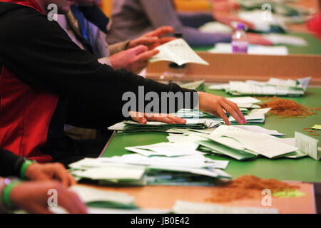 Swansea, Regno Unito. 09 Giugno, 2017. I contatori sono andando attraverso scrutini. Il conteggio delle schede elettorali presso Brangwyn Hall per le elezioni generali di Swansea, Galles, UK Credit: D Legakis/Alamy Live News Foto Stock