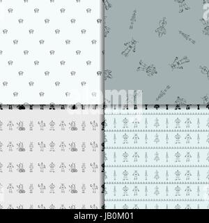 Robot di vettore doodle seamless pattern impostato. Concetto di scienza e futuro. In stile cartone animato. Disegnate a mano illustrazione di contorno. Illustrazione Vettoriale