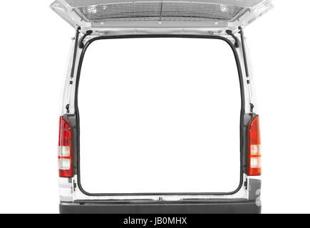 Porta posteriore del furgone bianco aperta isolata con sfondo bianco Foto Stock