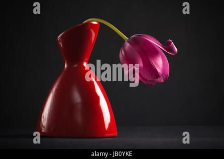 Tulipani rosa in un vaso su sfondo nero Foto Stock