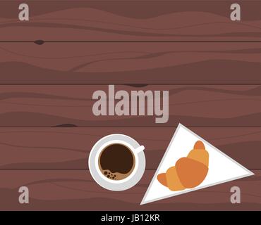 Un pretzel con una tazza di caffè in legno marrone texture. Coffee break, Colazione, spuntino veloce, pausa, relax, concetto. Vista da sopra con copia spazio. Illustrazione Vettoriale