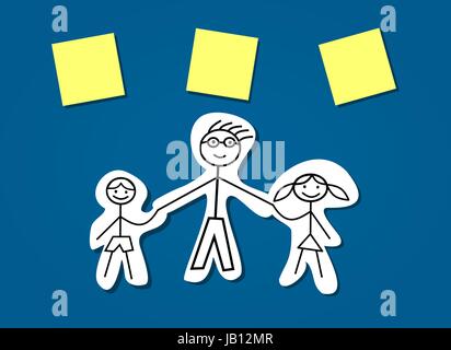 Padre con i bambini tenendo le mani. Felice Festa del papà card. Papà e figlio, figlia con posto per i nomi. Illustrazione Vettoriale, disegnato a mano. Sfondo blu Illustrazione Vettoriale