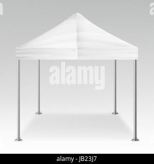 Bianco tenda pieghevole Mockup vettore. Promozione evento Outdoor Trade Show Pop-Up tenda tendone Mobile, modello. Pubblicità del prodotto Illustrazione Vettoriale