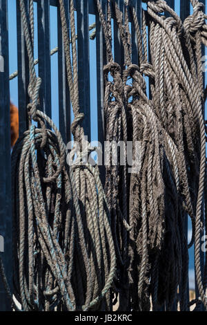 Fishermans corde appendere su un recinto, Seahouses, Northumberland, Regno Unito. Foto Stock