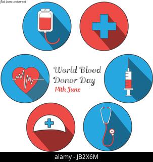 Mondiale del donatore di sangue al giorno. International holiday. donare il sangue e salvare la vita. Donazione dare amore. Ullustration vettore di adesivi. Pack di icone di piatto per la progettazione Illustrazione Vettoriale