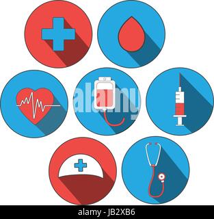 Medicina icona set piatto. Mondo di donatori di sangue, giorno dottore giorno. Adesivi per il design del sito. Concetto medico. Illustrazione Vettoriale
