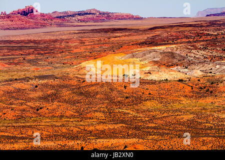 Deserto Dipinto colorato erba giallo arancio terre di arenaria rossa fornace ardente Parco Nazionale Arches Moab Utah Stati Uniti d'America sud-ovest. Foto Stock