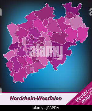 La Renania settentrionale-Vestfalia in Deutschland als Grenzkarte mit Grenzen in Violett. Durch die ansprechende Gestaltung fügt sich die Karte perfekt in Ihr Vorhaben ein. Foto Stock
