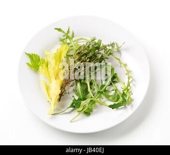Rametti di timo e insalata su una piastra Foto Stock