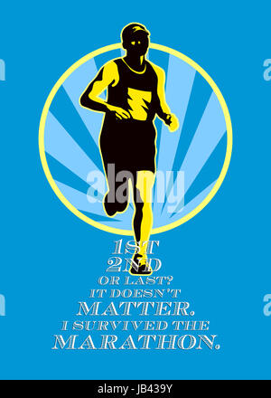 Poster greeting card illustrazione che mostra un maratoneta in esecuzione il jogging con sunburst fatto in stile retrò con le parole del primo e secondo o ultimo? Non importa. Ho sopravvissuto alla maratona. Foto Stock