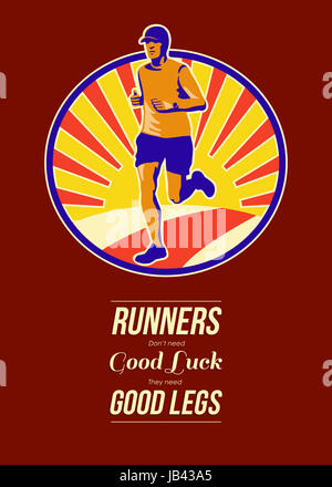 Poster greeting card illustrazione che mostra una maratona triatleta runner acceso fatto in stile retrò con parole corridori non hanno bisogno di buona fortuna, hanno bisogno di buone gambe. Foto Stock