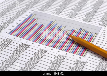 Kalkulation mit Zahlentabellen, grafico und Bleistift Foto Stock