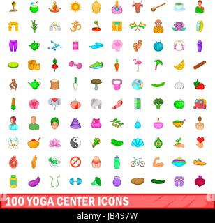 100 centro yoga set di icone, stile cartoon Illustrazione Vettoriale