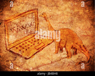 Petroglyph preistorico con computer e dinosauro Foto Stock