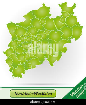 La Renania settentrionale-Vestfalia in Deutschland als Grenzkarte mit Grenzen in Grün. Durch die ansprechende Gestaltung fügt sich die Karte perfekt in Ihr Vorhaben ein. Foto Stock