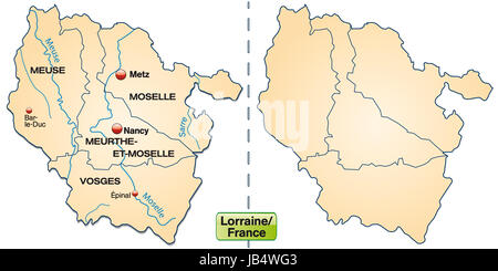 Lothringen in Frankreich als mit Inselkarte Grenzen in Pastellorange. Die Karte kann sofort für Ihr Vorhaben eingesetzt werden. Foto Stock