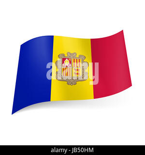 Bandiera nazionale di Andorra: blu, giallo e rosso strisce verticali con stemma sulla fascia centrale Foto Stock