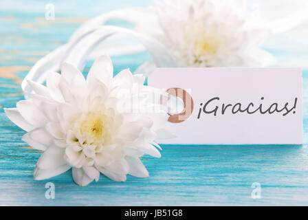 Tag con la parola spagnola Gracias che significa grazie su sfondo di legno Foto Stock