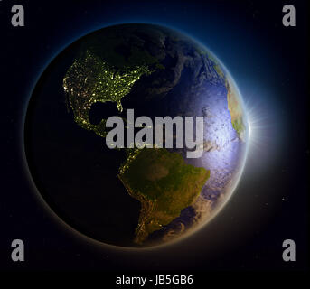 Americhe con il sole che splende attraverso l'atmosfera. 3D illustrazione con dettagliate pianeta superficie. Gli elementi di questa immagine fornita dalla NASA. Foto Stock