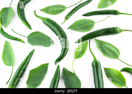 Green hot chili pepper con foglie su sfondo bianco Foto Stock