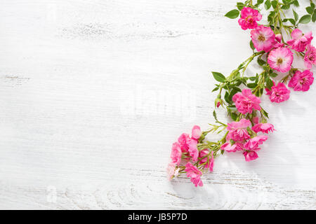 Ramo di piccole rose rosa su uno squallido tavolo in legno. laici piatta Foto Stock
