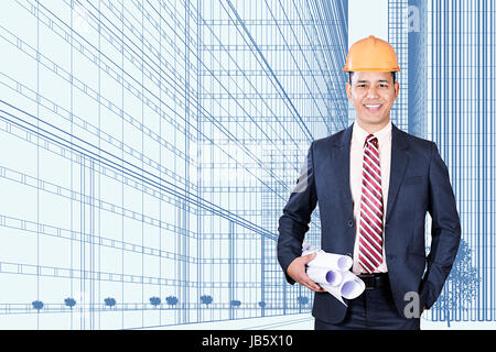 1 uomo indiano architetto azienda blueprint ingegnere edifici progetto immobiliare foto digitale Foto Stock