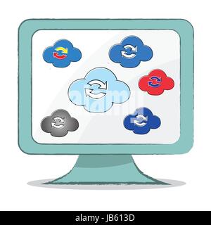 Il cloud sync icona sul monitor del computer, mano sommergere in uno stile semplice e design - illustrazione vettoriale. Illustrazione Vettoriale