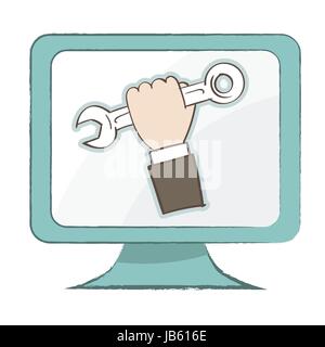 Azienda icona chiave, tenendo icona a forma di chiave inglese sul monitor del computer - stile semplice design - illustrazione vettoriale. Illustrazione Vettoriale