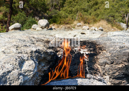 Le fiamme della Chimera Mount da terra. Fuoco dal gas naturale nelle rocce. Turchia Foto Stock